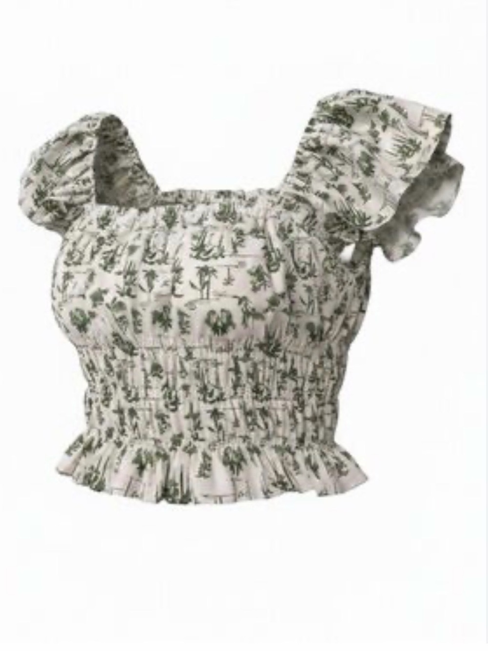 Abercrombie & Fitch White Smocked Crop Top with Green Botanical Print